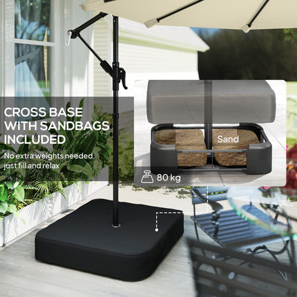 3 m Garden Cantilever Parasol with Cross Base, Sandbag, 360¬∞ Rotating Overhangi
