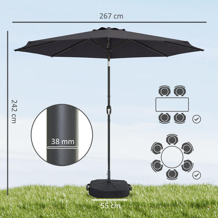 2.7 m Garden Parasol Umbrella with Cross Base and Sandbag, Retractable Ribs, Out