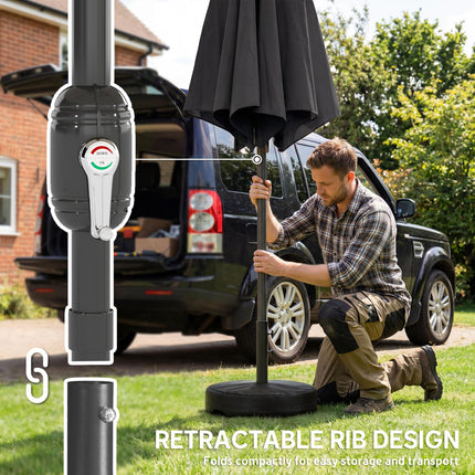 2.7 m Garden Parasol Umbrella with Cross Base and Sandbag, Retractable Ribs, Out