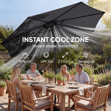 2.7 m Garden Parasol Umbrella with Cross Base and Sandbag, Retractable Ribs, Out