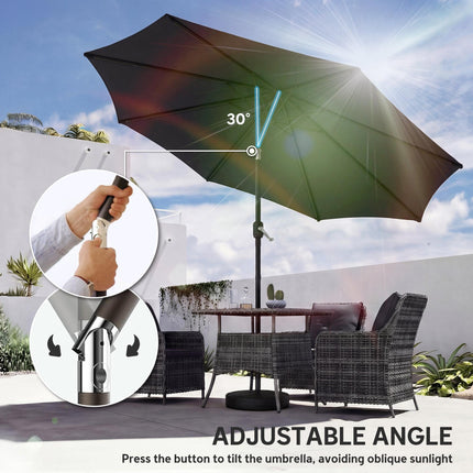 2.7 m Garden Parasol Umbrella with Cross Base and Sandbag, Retractable Ribs, Out