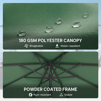 2.7 m Garden Parasol Umbrella with Cross Base and Sandbag, Retractable Ribs, Outdoor Table Market Umbrella, Green