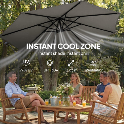 3 m Garden Cantilever Parasol with Cross Base, Sandbag, 360¬∞ Rotating Overhangi