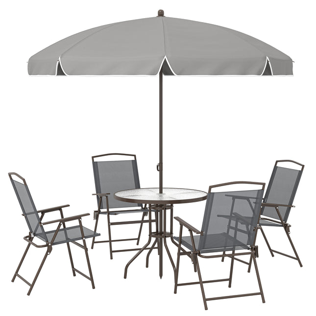 6 Piece Garden Dining Set with Umbrella, Patio Sets with Parasol, 4 Folding Dining Chairs, Dark Grey