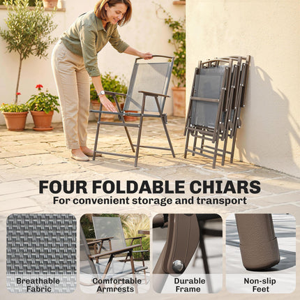 6 Piece Garden Dining Set with Umbrella, Patio Sets with Parasol, 4 Folding Dining Chairs, Dark Grey