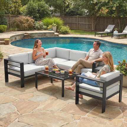 Outsunny 5-Piece Garden Corner Sofa Set with Cushions, 6 Seater Aluminium Garden Furniture Set with Coffee Table, Light Grey