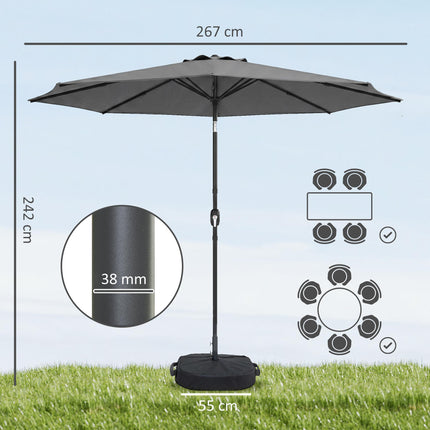 2.7 m Garden Parasol Umbrella with Cross Base and Sandbag, Retractable Ribs, Out