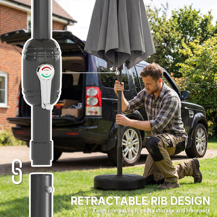 2.7 m Garden Parasol Umbrella with Cross Base and Sandbag, Retractable Ribs, Out