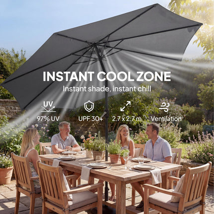 2.7 m Garden Parasol Umbrella with Cross Base and Sandbag, Retractable Ribs, Out