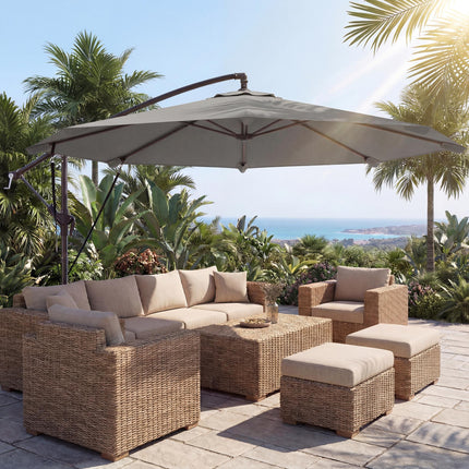 3 m Cantilever Parasol with Protective Cover and Wind Ropes, Banana Parasol with Crank Handle, Light Grey