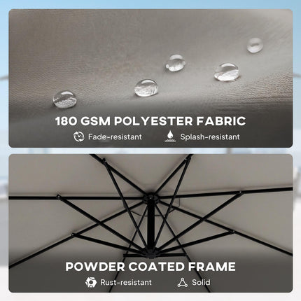 3 m Cantilever Parasol with Protective Cover and Wind Ropes, Banana Parasol with Crank Handle, Light Grey