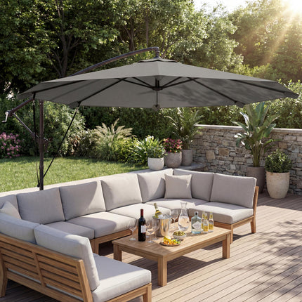 3 m Cantilever Parasol with Protective Cover and Wind Ropes, Banana Parasol with Crank Handle, Light Grey
