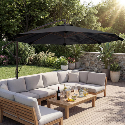3 m Cantilever Parasol with Protective Cover and Wind Ropes, Banana Parasol with Crank Handle, Black