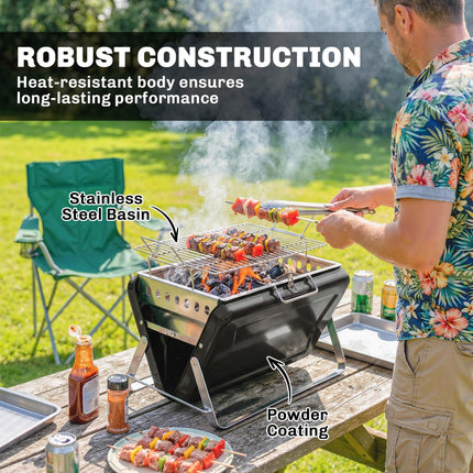 Charcoal BBQ Grill Portable Stainless Steel Barbecue with Tilting Grate for Camping Picnic Garden Black