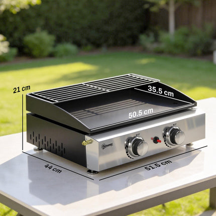 2 Burner Grill Griddle, Portable Gas Plancha with Warming Rack, 5 kW, Tabletop Gas BBQ with Grease Cup, Black