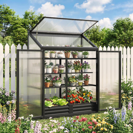 Polycarbonate Greenhouse with Hinged Door, Top Vent, Lean-to Green House, Walk-i