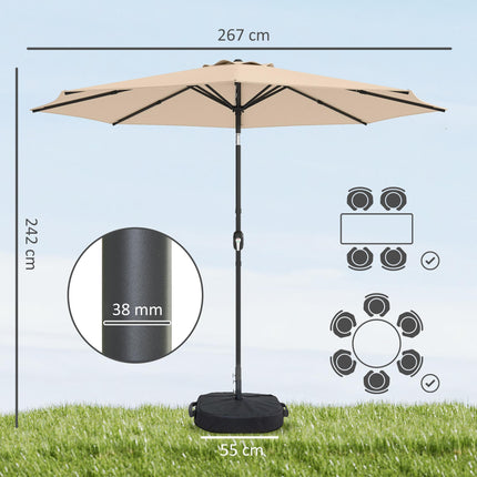 Outsunny 2.7 m Garden Parasol Umbrella with Cross Base and Sandbag, Retractable Ribs, Outdoor Table Market Umbrella, Khaki