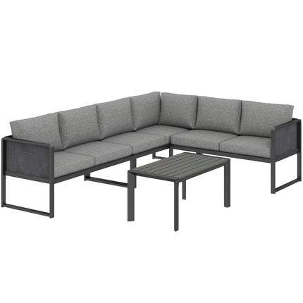 6 Seater Metal Garden Furniture Corner Sofa Set with 3 Loveseats, Faux Wood Table, Texteline Seat, Cushions, Dark Grey