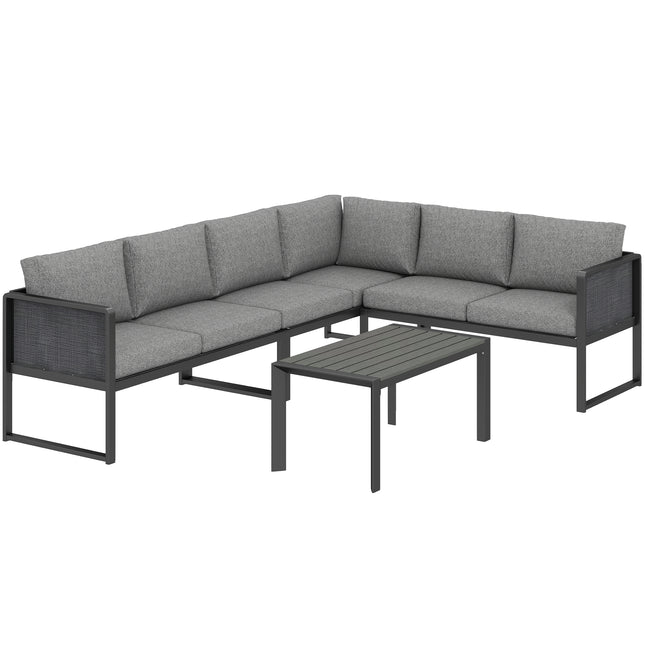 6 Seater Metal Garden Furniture Corner Sofa Set with 3 Loveseats, Faux Wood Table, Texteline Seat, Cushions, Dark Grey