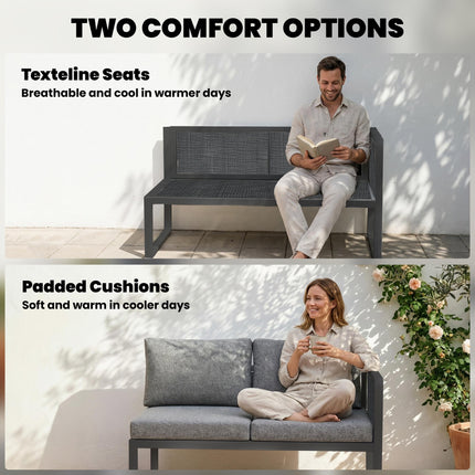 6 Seater Metal Garden Furniture Corner Sofa Set with 3 Loveseats, Faux Wood Table, Texteline Seat, Cushions, Dark Grey