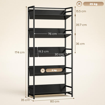 Bookshelf 5-Tier Metal Frame Bookcase Storage Shelves for Living Room Black