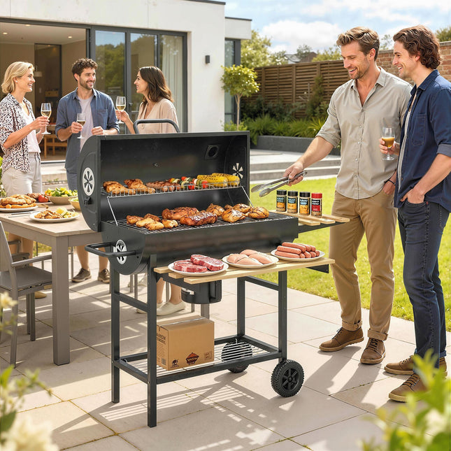 Charcoal Grill, Barrel BBQ Smoker with Warming Rack, Charcoal BBQ Grill with Fol
