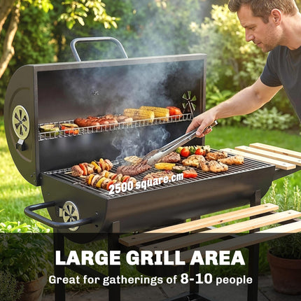 Charcoal Grill, Barrel BBQ Smoker with Warming Rack, Charcoal BBQ Grill with Fol