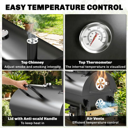 Charcoal Grill, Barrel BBQ Smoker with Warming Rack, Charcoal BBQ Grill with Fol