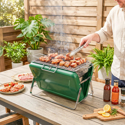 Charcoal BBQ Grill Portable Stainless Steel Barbecue with Tilting Grate for Camping Picnic Garden Dark Green