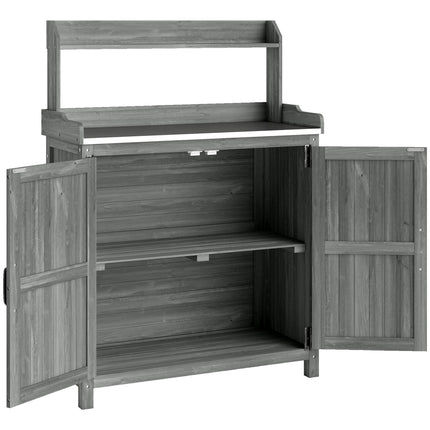 Wooden Potting Bench Table with Aluminium Worktop, Outdoor Garden Workbench with Top Shelf and Cabinet Storage
