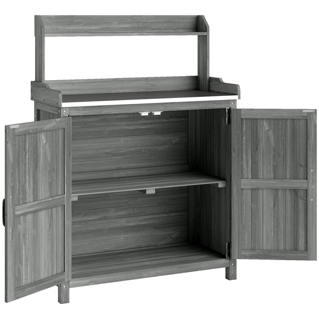 Wooden Potting Bench Table with Aluminium Worktop, Outdoor Garden Workbench with Top Shelf and Cabinet Storage