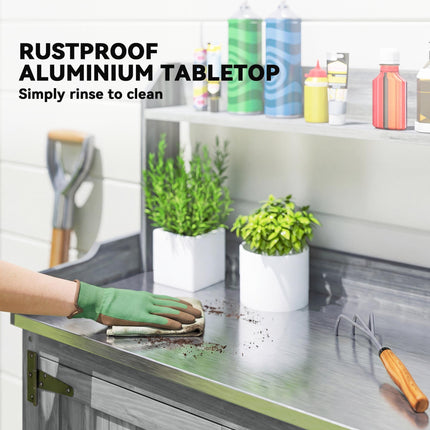 Wooden Potting Bench Table with Aluminium Worktop, Outdoor Garden Workbench with Top Shelf and Cabinet Storage