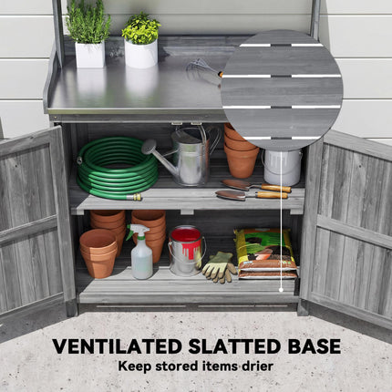 Wooden Potting Bench Table with Aluminium Worktop, Outdoor Garden Workbench with Top Shelf and Cabinet Storage
