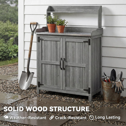 Wooden Potting Bench Table with Aluminium Worktop, Outdoor Garden Workbench with Top Shelf and Cabinet Storage