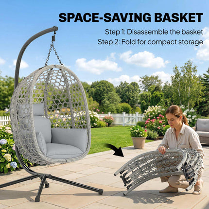 Hanging Egg Chair, Indoor Outdoor Rattan Hammock Swing Chair with Stand, Safety Strap, Foldable Basket, Light Grey