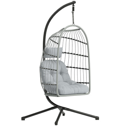 Hanging Egg Chair, Indoor Outdoor Hammock Swing Chair with Stand, Safety Strap, Foldable Basket, Light Grey