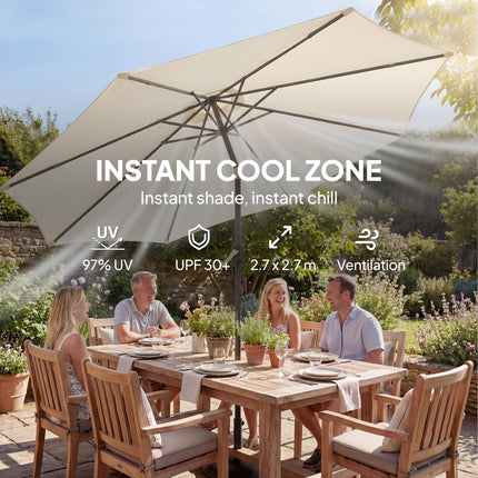 Outsunny 2.7 m Garden Parasol Umbrella with Cross Base and Sandbag, Retractable Ribs, Outdoor Table Market Umbrella, Cream White