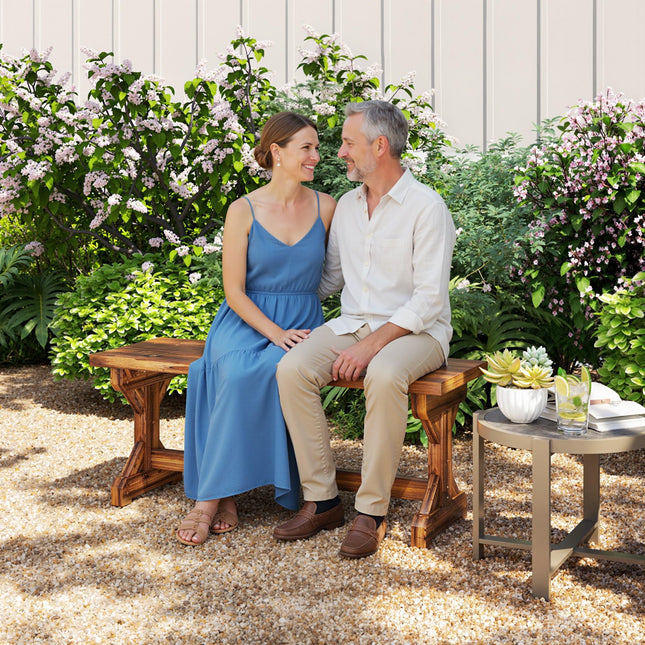 Rustic Wooden Garden Bench, Backless Outdoor Bench Patio Loveseat with X-Shape Base for Porch, Park, Carbonised Finish