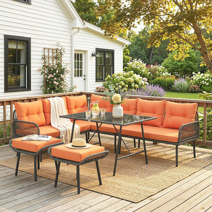 6 Piece Rattan Garden Furniture Set, 8 Seater Garden Corner Sofa with Cushions and Glass Top Table, Orange