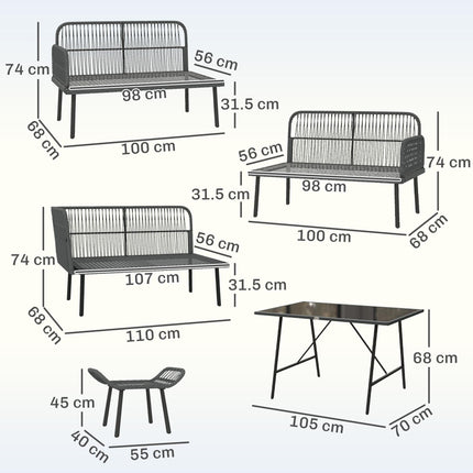 6 Piece Rattan Garden Furniture Set, 8 Seater Garden Corner Sofa with Cushions and Glass Top Table, Orange