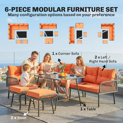 6 Piece Rattan Garden Furniture Set, 8 Seater Garden Corner Sofa with Cushions and Glass Top Table, Orange