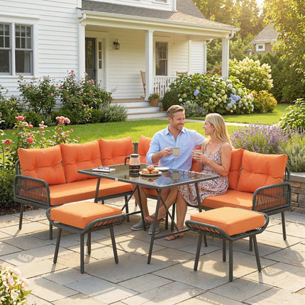 6 Piece Rattan Garden Furniture Set, 8 Seater Garden Corner Sofa with Cushions and Glass Top Table, Orange