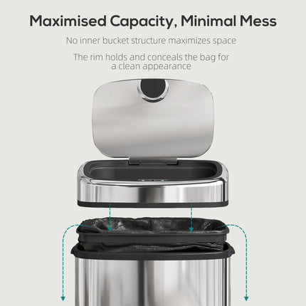 50L Stainless Steel Sensor Bin - Silver Tone