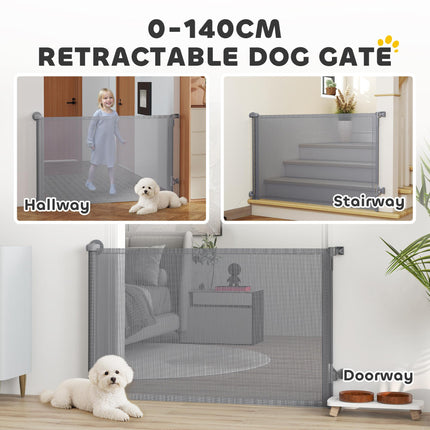 Retractable Dog Gate, Extends to 140 cm Wide & 93 cm Tall, Mesh Pet Gate with Single Hand Operation, for Stairs Doorways