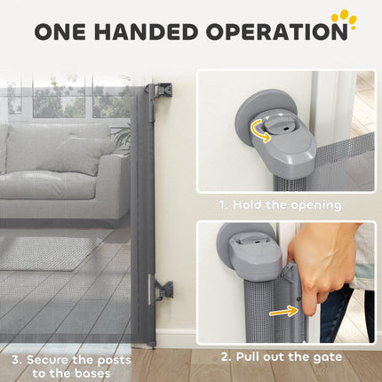 Retractable Dog Gate, Extends to 140 cm Wide & 93 cm Tall, Mesh Pet Gate with Single Hand Operation, for Stairs Doorways