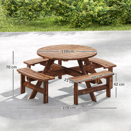 Wooden Garden Dining Set, 8 Seater Patio Furniture Set with Round Picnic Table, Parasol Hole for Outdoor Garden, Tan