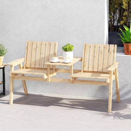 2-Seater Garden Loveseat with Table and Parasol Hole for Porch, Patio, Natural Wood Finish