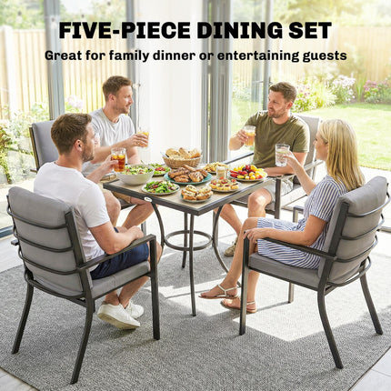 5 Pieces Outdoor Dining Set with Cushions, Garden Dining Set for 4 with Square Table and Stackable Chairs