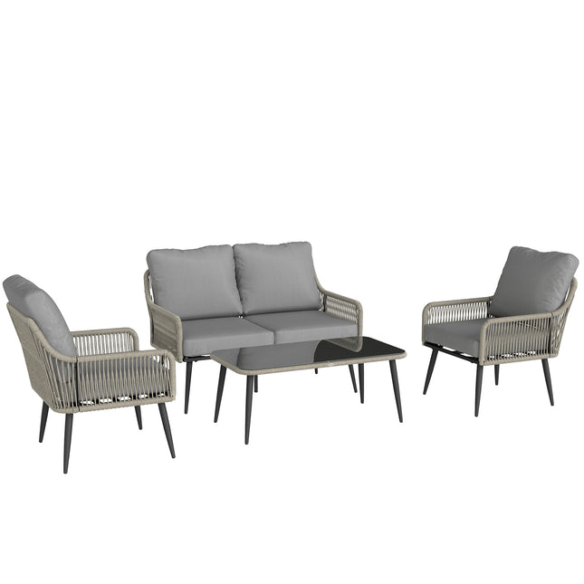 Rattan Garden Furniture Set, 4 Piece Outdoor Patio Furniture with Tempered Glass Table and Chairs, Indoor Balcony Conservatory Set
