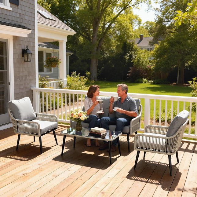 Rattan Garden Furniture Set, 4 Piece Outdoor Patio Furniture with Tempered Glass Table and Chairs, Indoor Balcony Conservatory Set